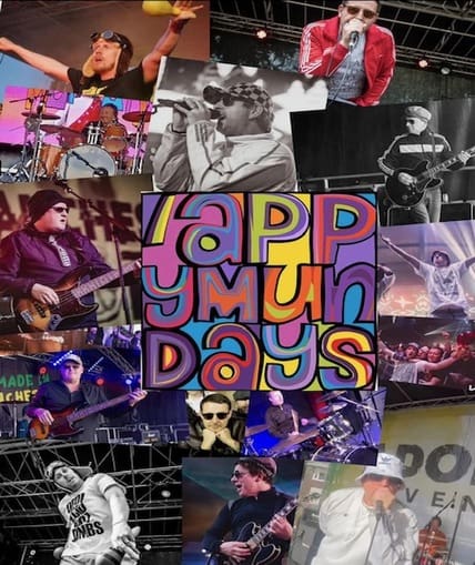 A collaboration of images which show a band performing wit text in the middle that says 'appy mundays'