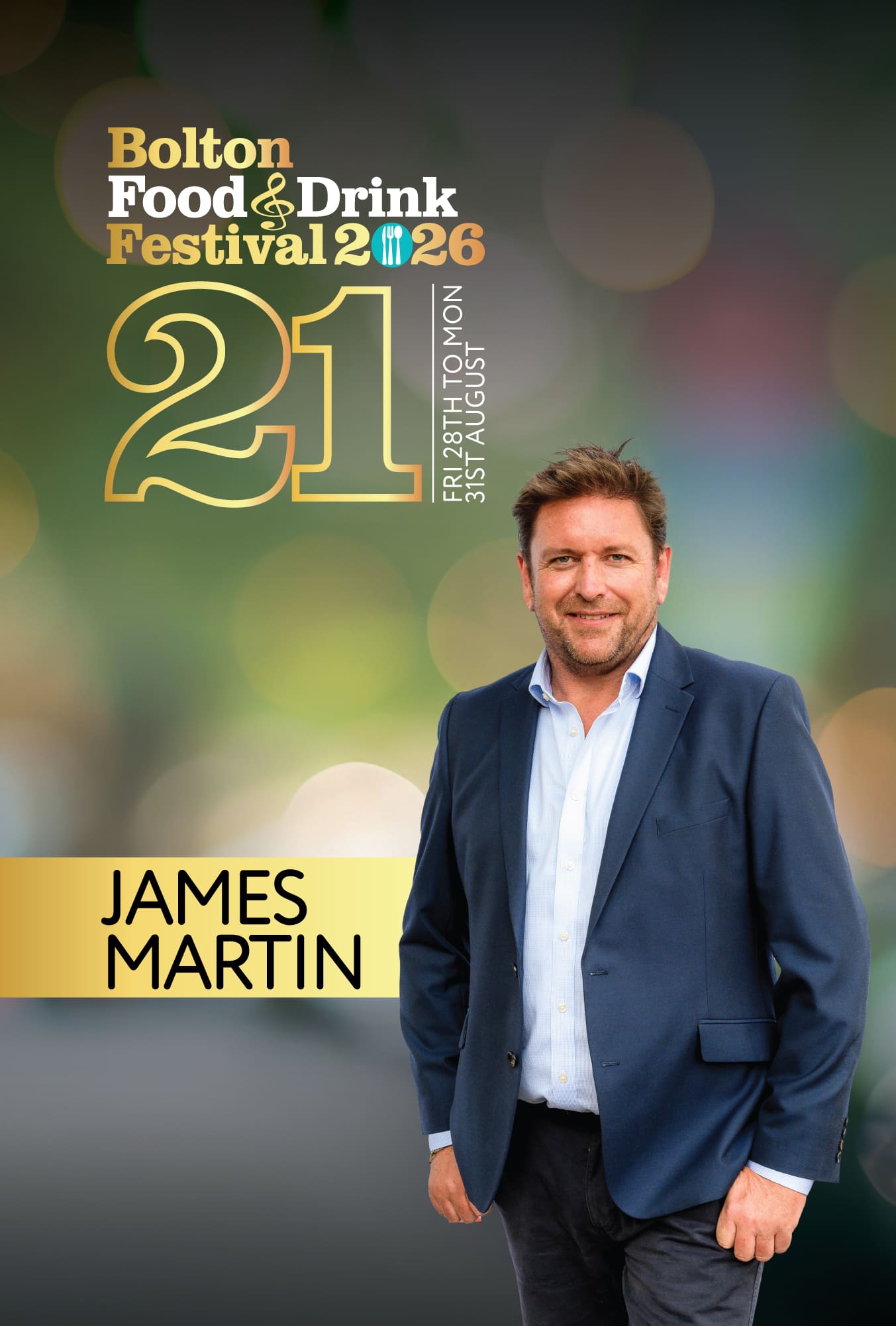 Graphic shows a man wearing a shirt and blaze, text says 'James Martin'