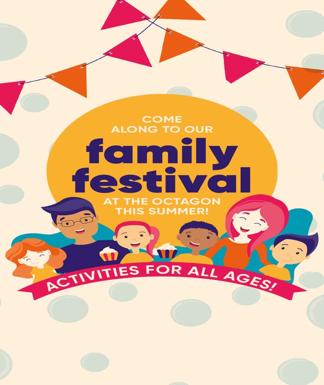 Graphic shows a variety of animated young families with the text saying 'Family Festival'