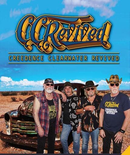 Promotional poster for four musical performers stood in front of a car, text says 'CC Revived- Creedence Clearwater Revived'