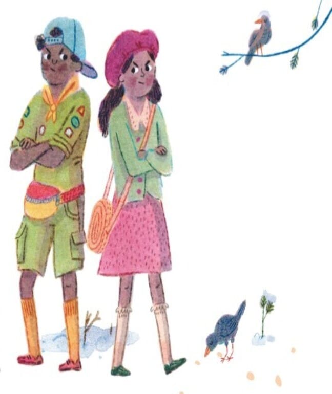 Two hand drawn young adults feeding two birds breadcrumbs