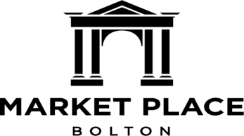 Graphic shows an image of a historic bilding with text that says 'Market Place Bolton'