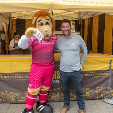 BWFC mascot, Lofty receiving a pasty from Carrs pasties